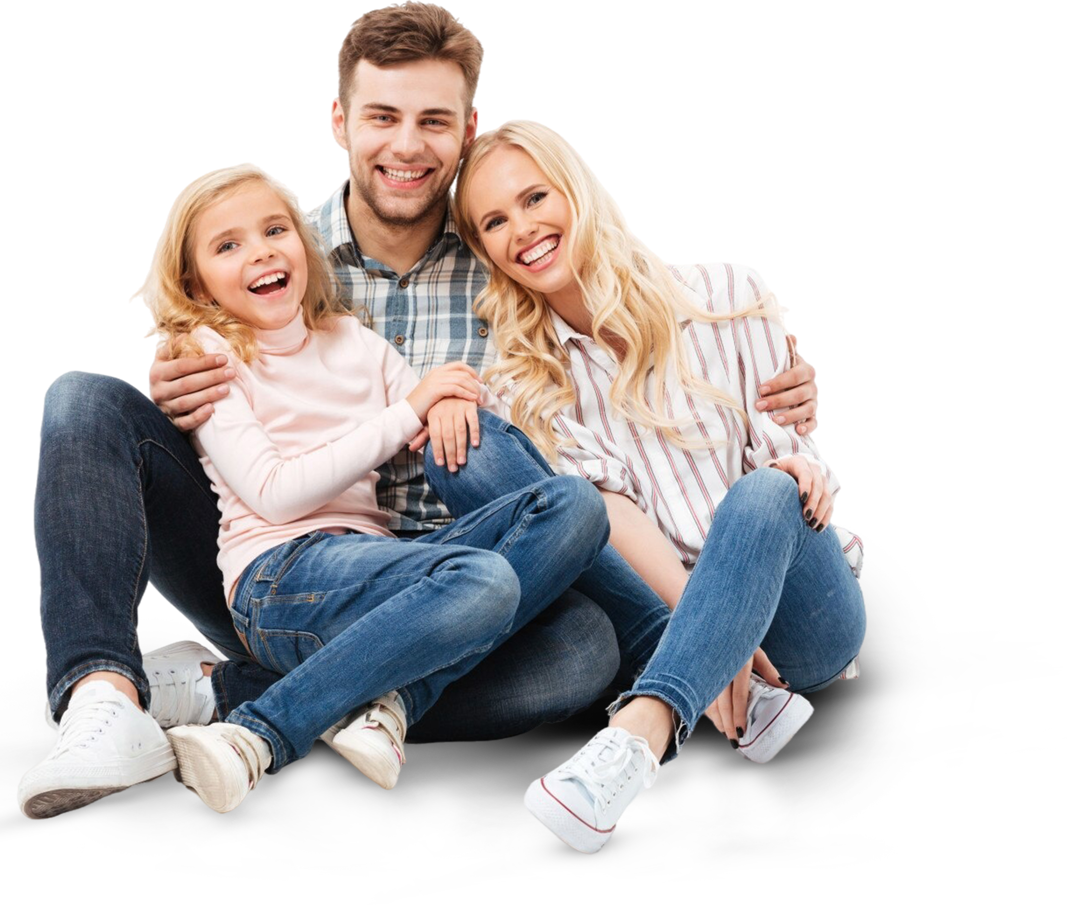 Happy family sitting together smiling, representing financial freedom with Ultra Debt Relief